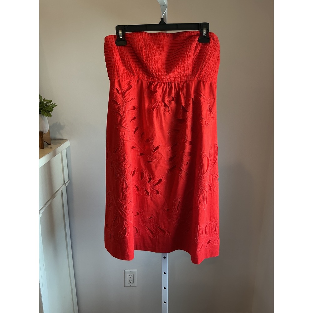 Beth Bowley Red Strapless Eyelet Cutout Smocked Midi Dress Womens Size 10